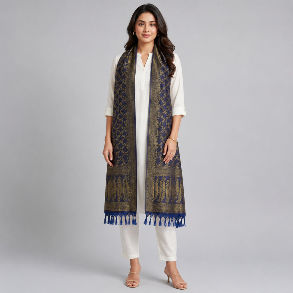 Women's Royal Blue & Gold Woven Ethnic Dupatta-2
