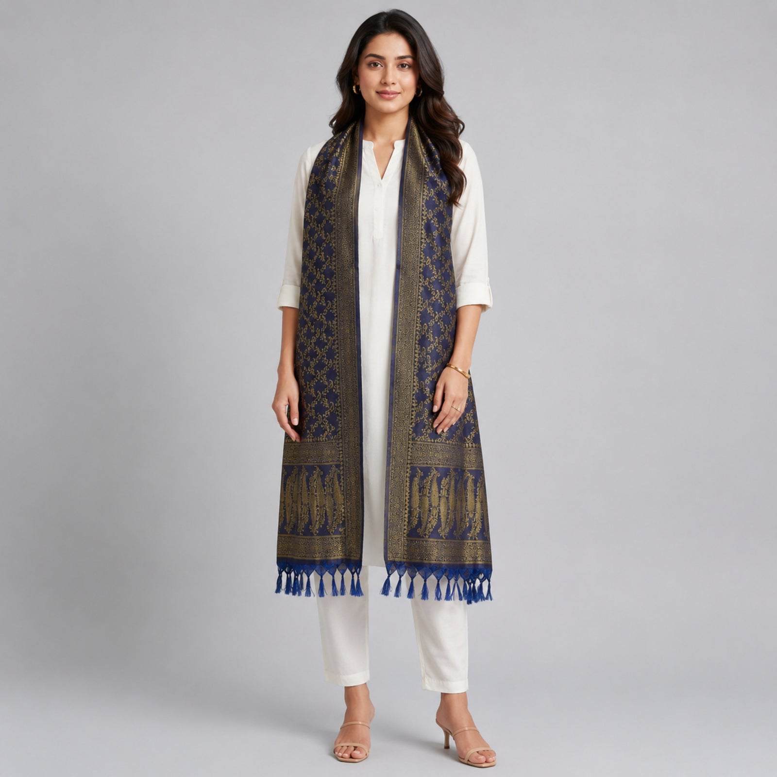 Women's Royal Blue & Gold Woven Ethnic Dupatta-2