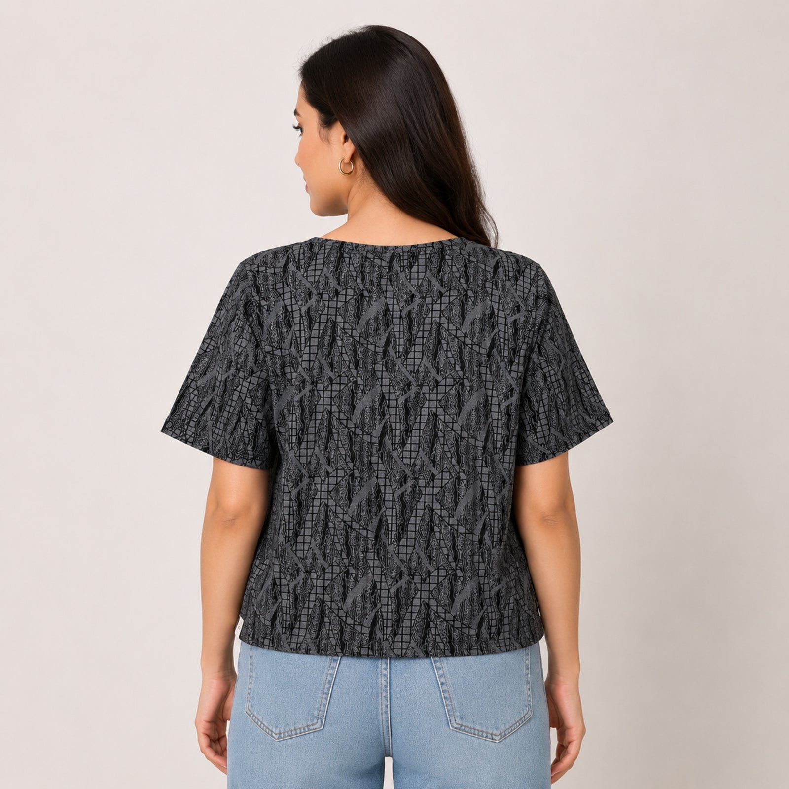 Women's Abstract Textured Graphic Printed Dark Grey T-Shirt-4