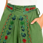 Women's Parrot Green Embroidered Lace-Up Wide Leg Palazzo Pants-4