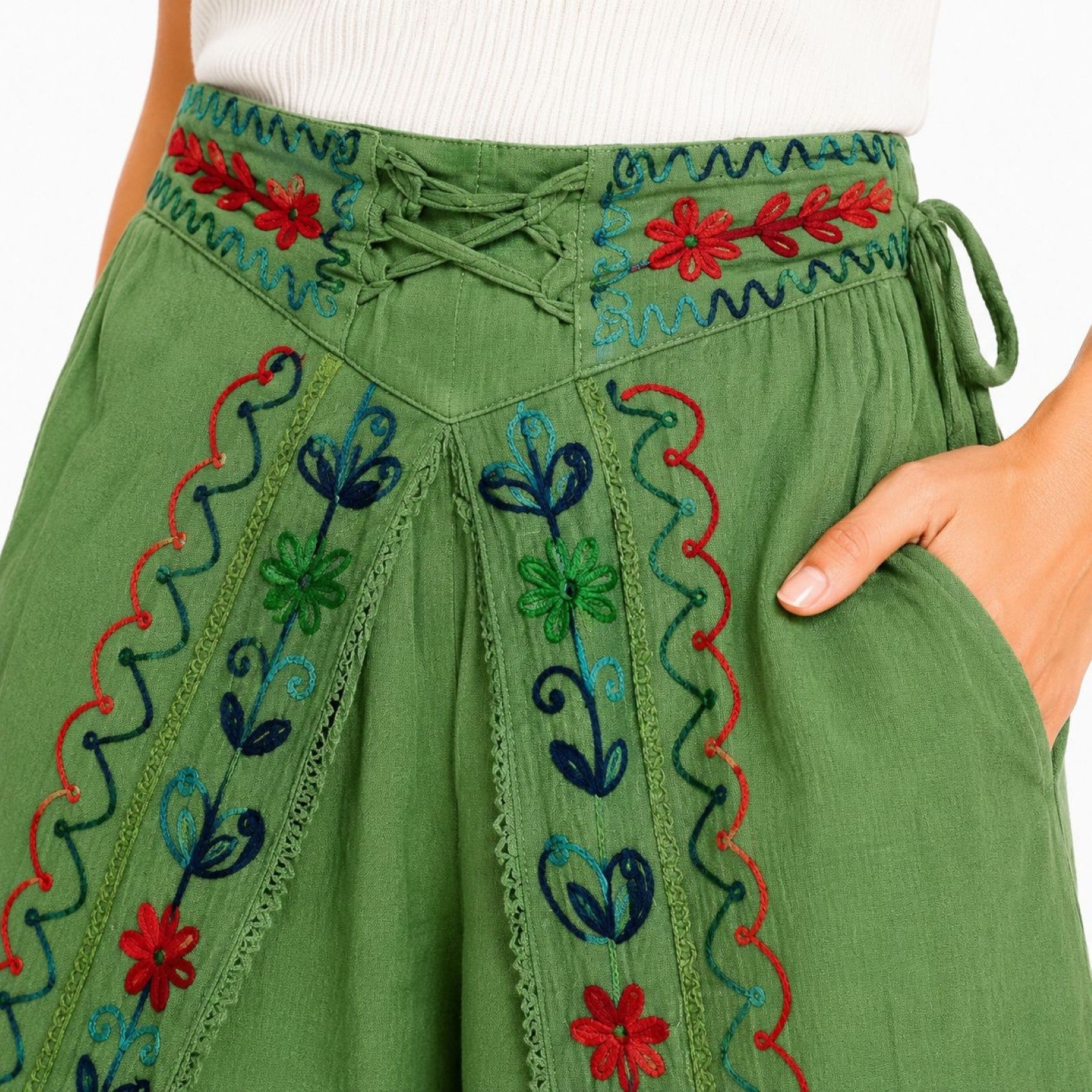 Women's Parrot Green Embroidered Lace-Up Wide Leg Palazzo Pants-4