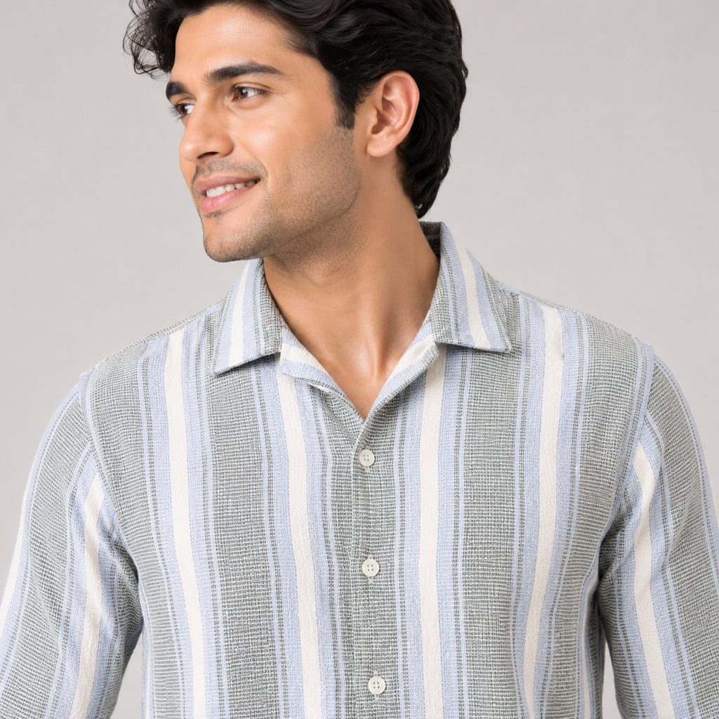 Men's White & Green Striped Full Sleeve Casual Shirt-1