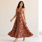 Women's Maroon Floral Printed Calf Length Dress-1