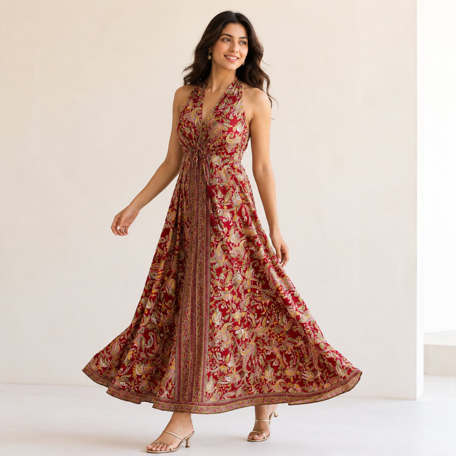 Women's Maroon Floral Printed Calf Length Dress-1