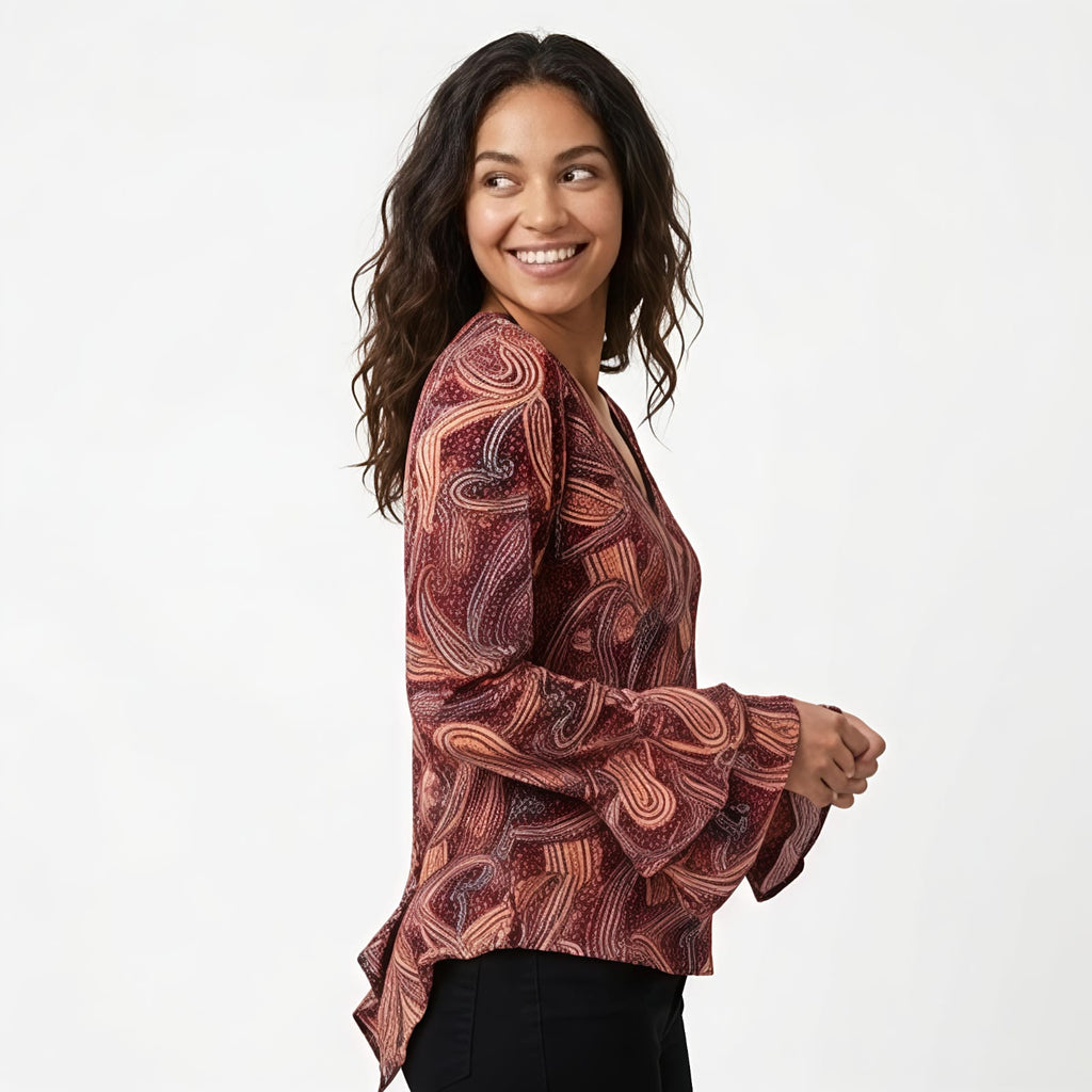 Women's Paisley Print V-Neck Ruffle Sleeve Top-3