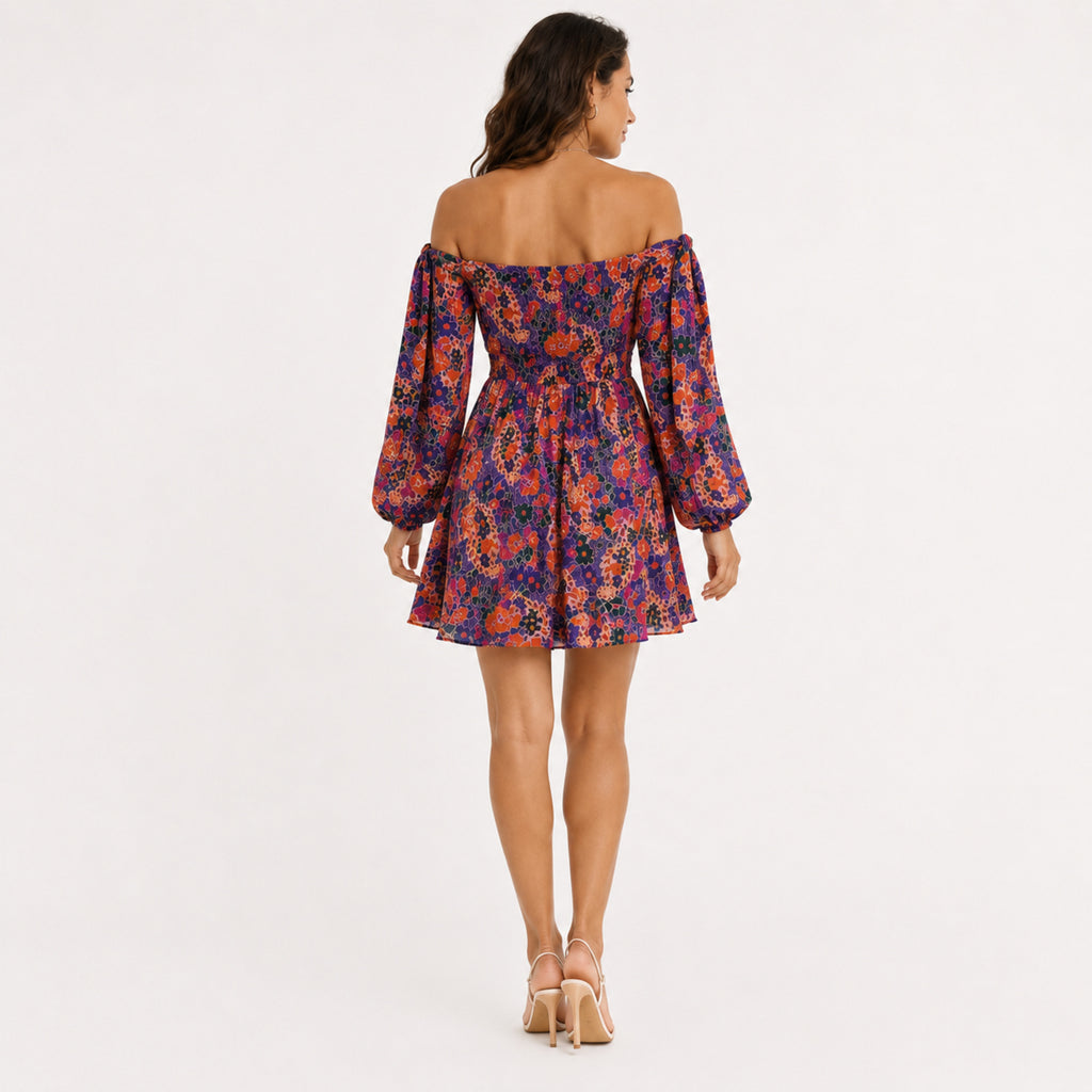 Women's Purple Floral Off-Shoulder Mini Dress with Balloon Sleeves-4