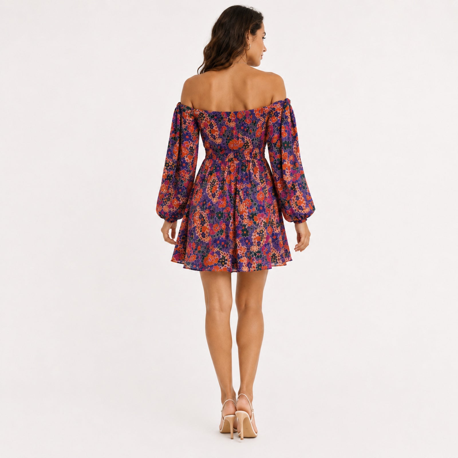 Women's Purple Floral Off-Shoulder Mini Dress with Balloon Sleeves-4