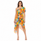 Women's Orange One-Shoulder Printed High-Low Dress | Asymmetrical Midi Party Dress-1