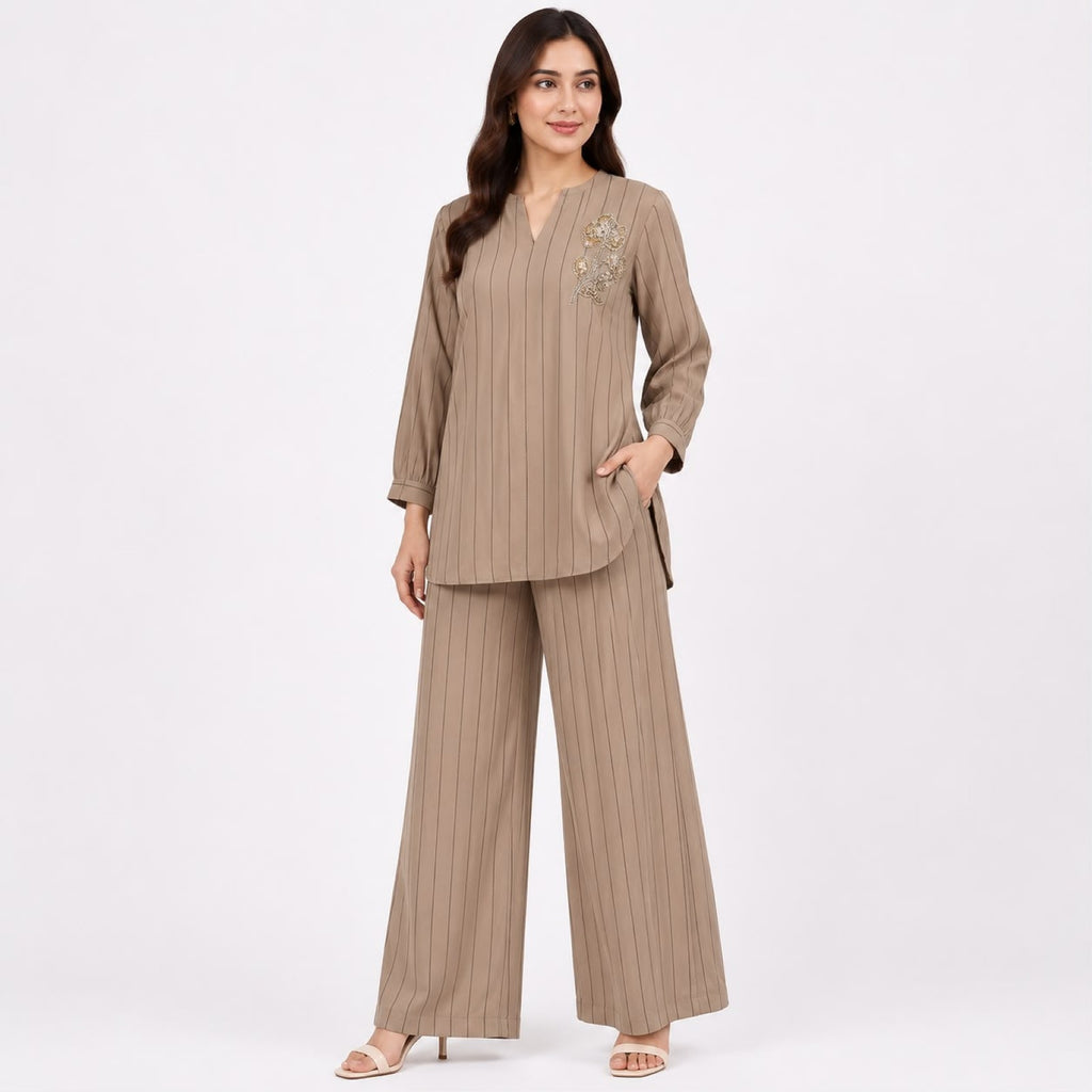 Women's Embroidered Striped Kurta Pant Co-Ord Set | Elegant V-Neck Ethnic Wear Set with Wide Leg Pants – Golden-1