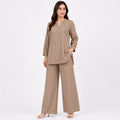 Women's Embroidered Striped Kurta Pant Co-Ord Set | Elegant V-Neck Ethnic Wear Set with Wide Leg Pants – Golden-1