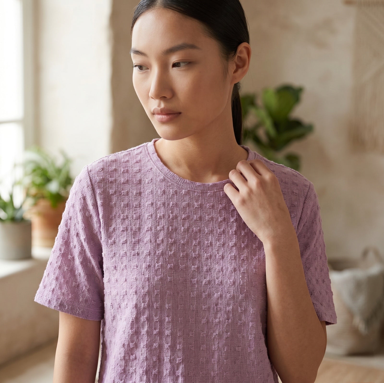 Lavender Textured Crew Neck Top-2
