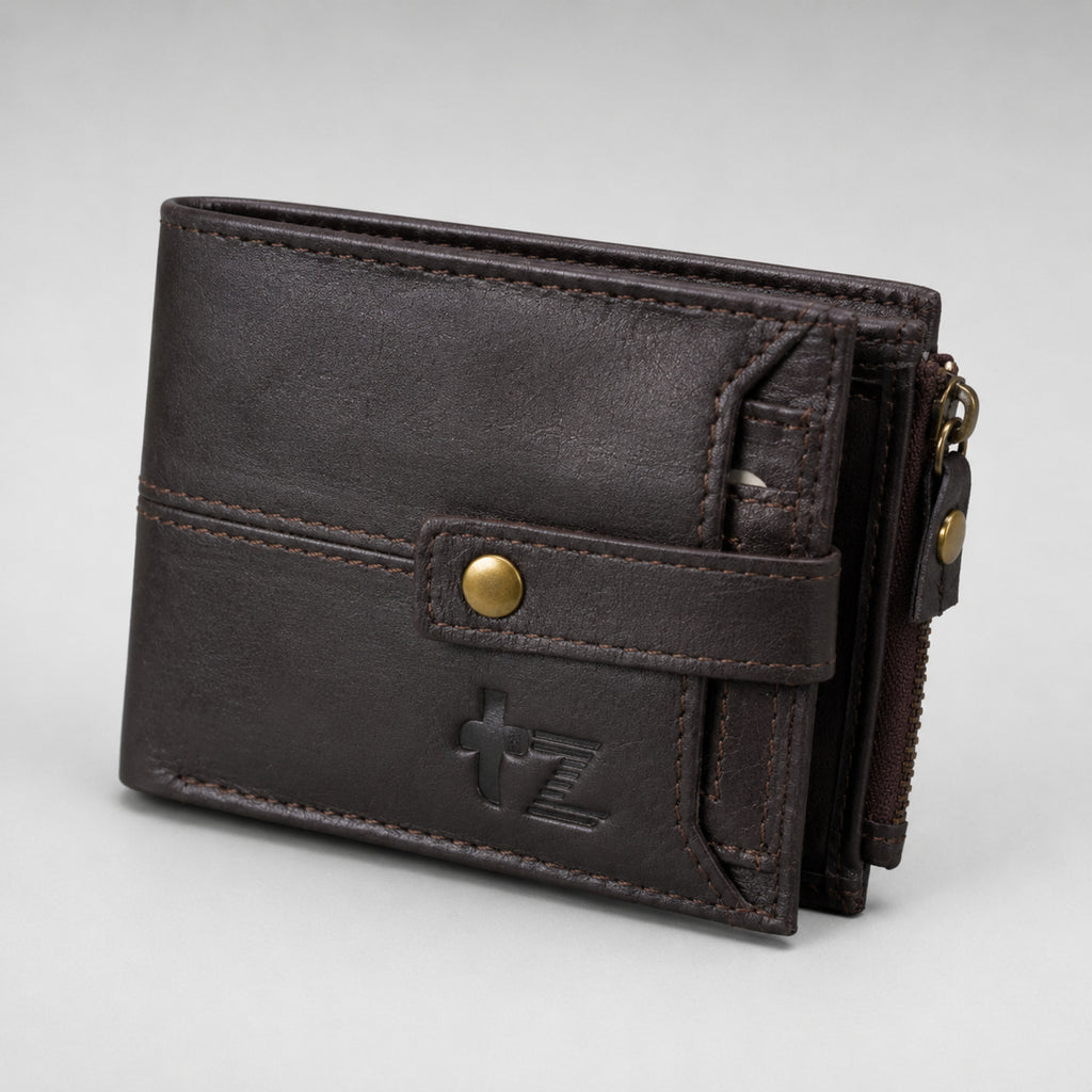 Men's Luxury Coffee Brown Leather Bi-fold Wallet with Snap Button and Zipper Pocket-1
