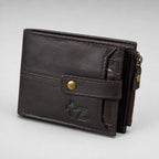 Men's Luxury Coffee Brown Leather Bi-fold Wallet with Snap Button and Zipper Pocket-1