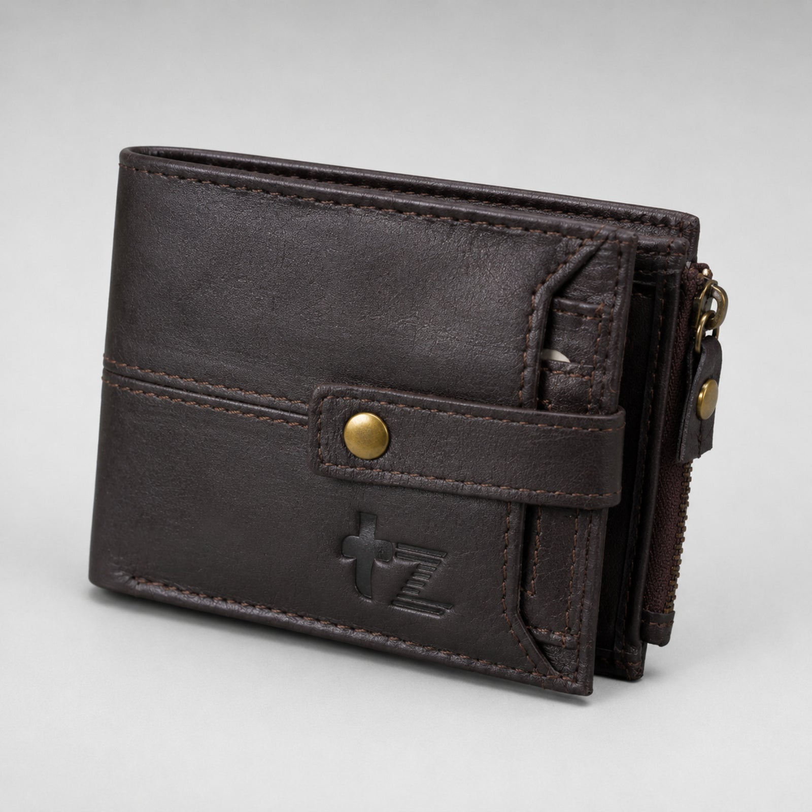 Men's Luxury Coffee Brown Leather Bi-fold Wallet with Snap Button and Zipper Pocket-1