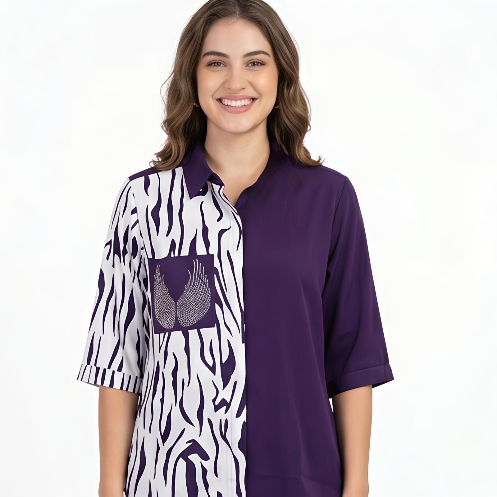 Women's Purple Printed Casual Shirt Top-1