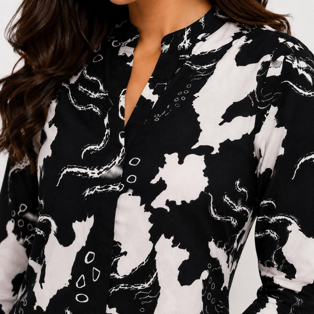 Women's Monochrome Onyx Abstract Graphic Printed High-Low Tunic Shirt-1