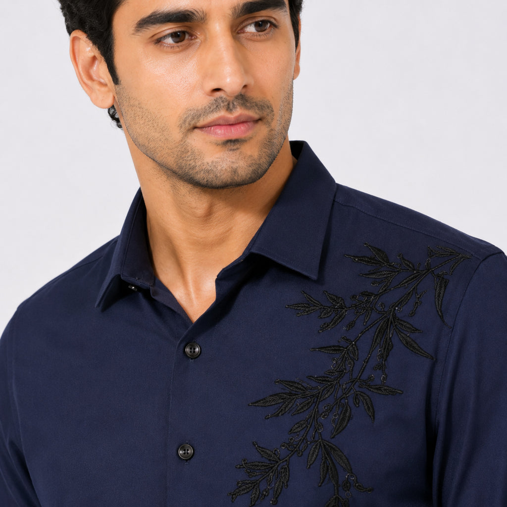 Men's Navy Blue Embroidered Premium Casual Shirt-1