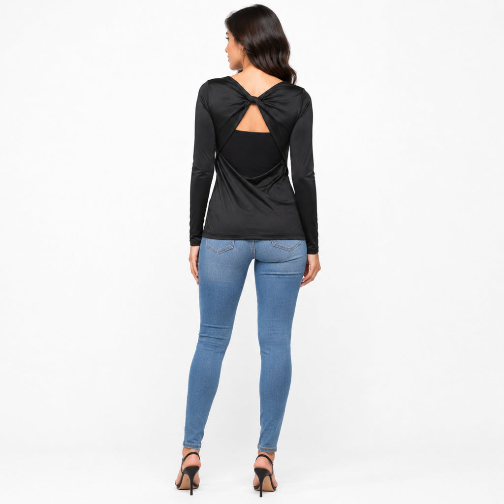 Women's Black Solid Full Sleeve Round Neck Fitted Casual Top-4