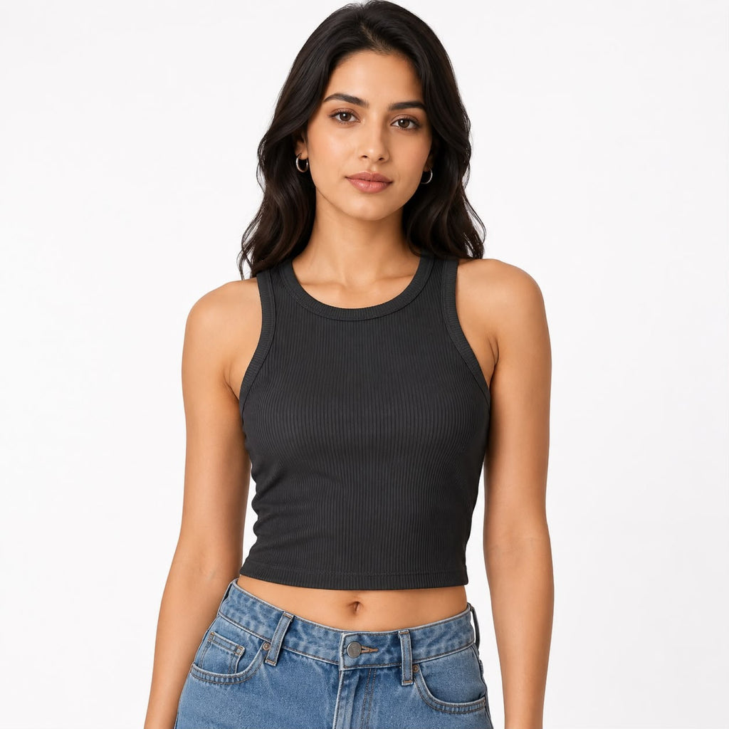 Women's Black Ribbed Sleeveless Crop Tank Top-1