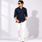 Men's Navy Blue Embroidered Premium Casual Shirt-2