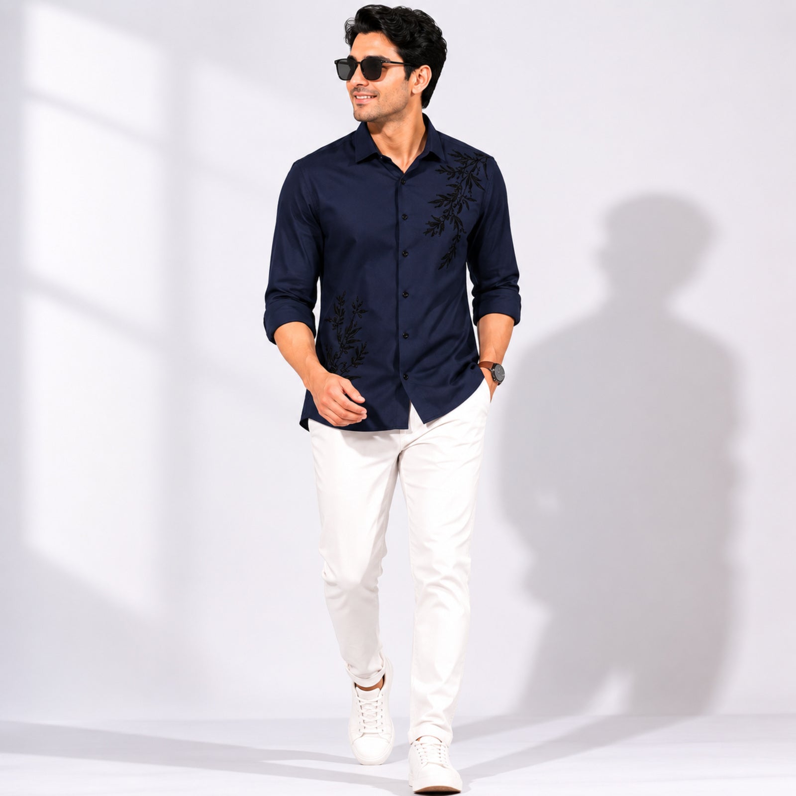 Men's Navy Blue Embroidered Premium Casual Shirt-2