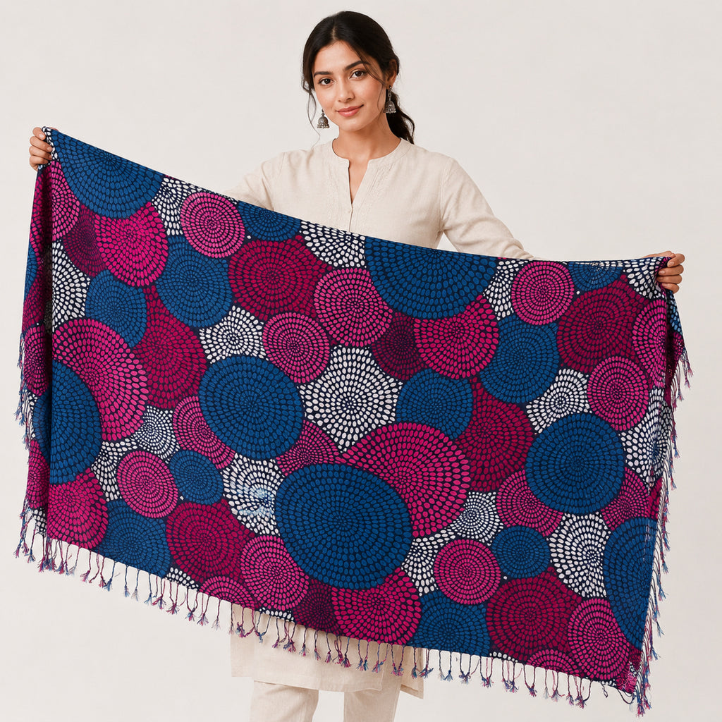 Women's Blue & Purple Circular Print Tassel Scarf-3