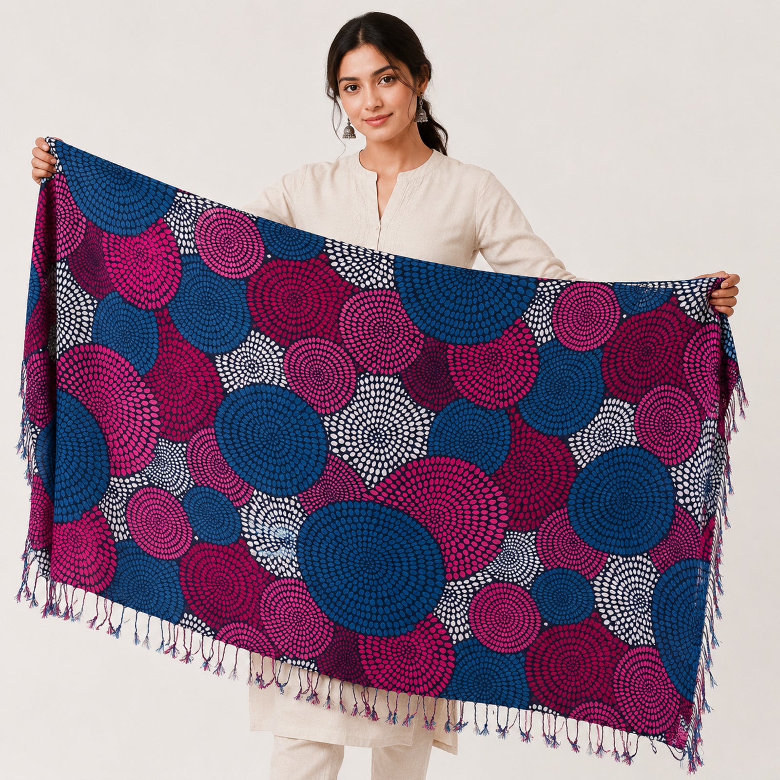 Women's Blue & Purple Circular Print Tassel Scarf-3
