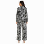Women's Black & Cream Zebra Print Co-Ord Set | Full Sleeve Collared Shirt with Wide Leg Trousers-4