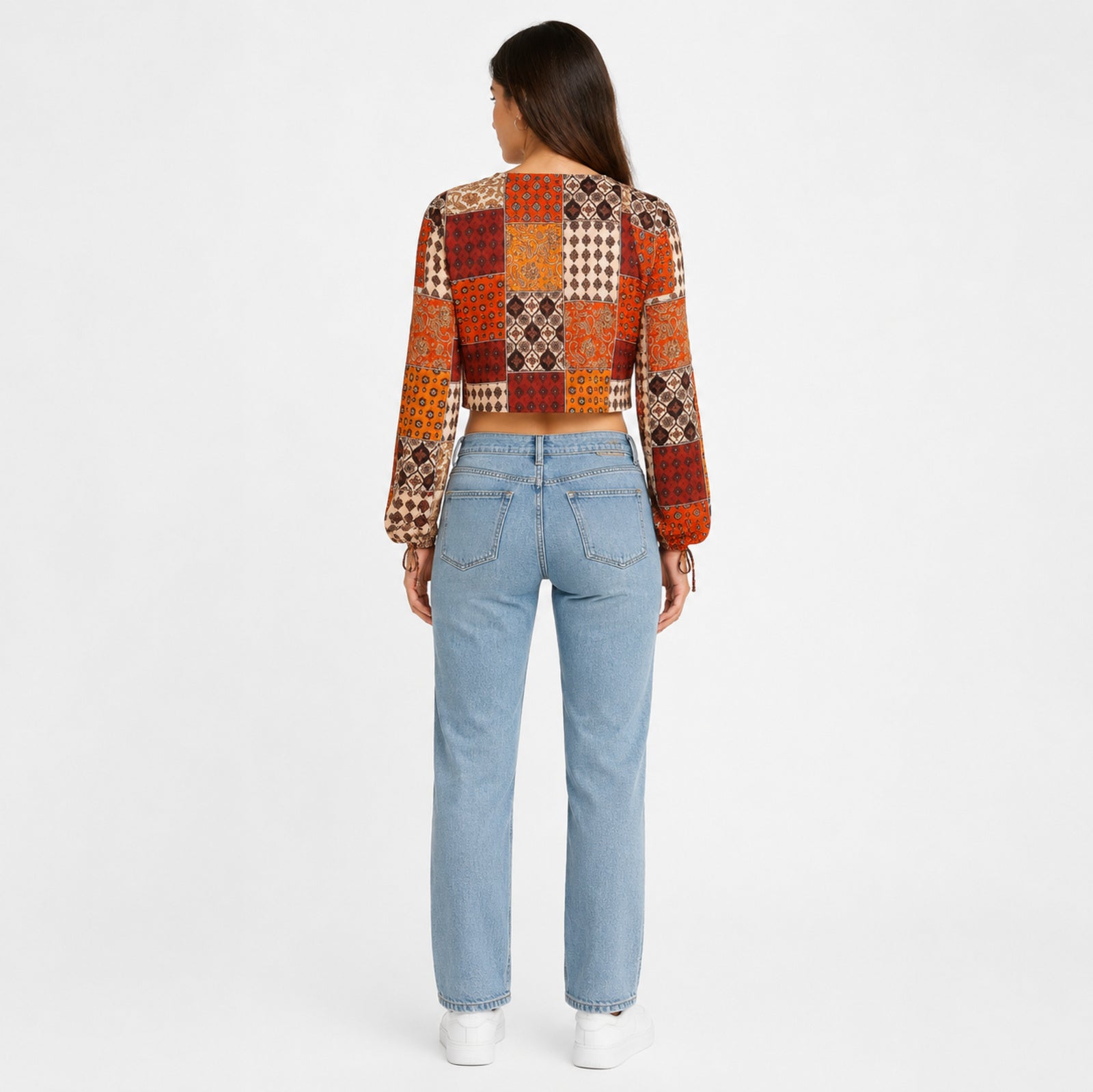 Women's Red Patchwork Print Tie-Neck Cropped Casual Top-4