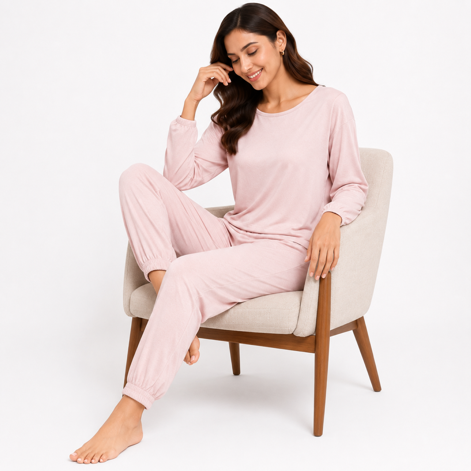 Women's Peach Lounge Co-Ord Set | Full Sleeve Relaxed T-Shirt & Jogger Pants Night Suit-2