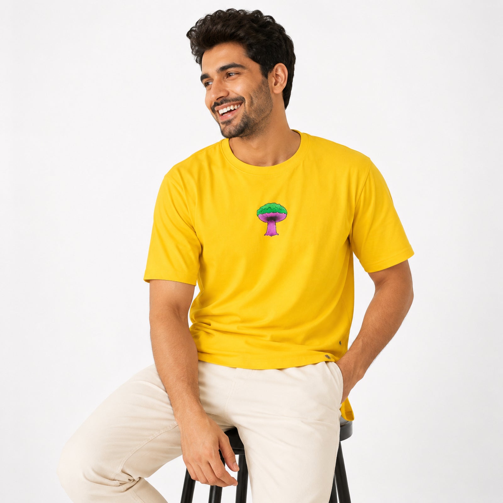 Men's Mushroom Embroidered Yellow Oversized Casual T-Shirt-2