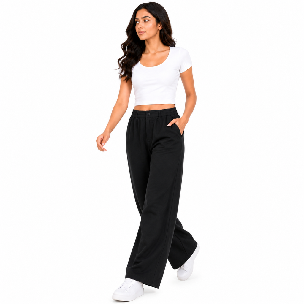 Women's Black High-Waist Wide Leg Casual Trousers-3