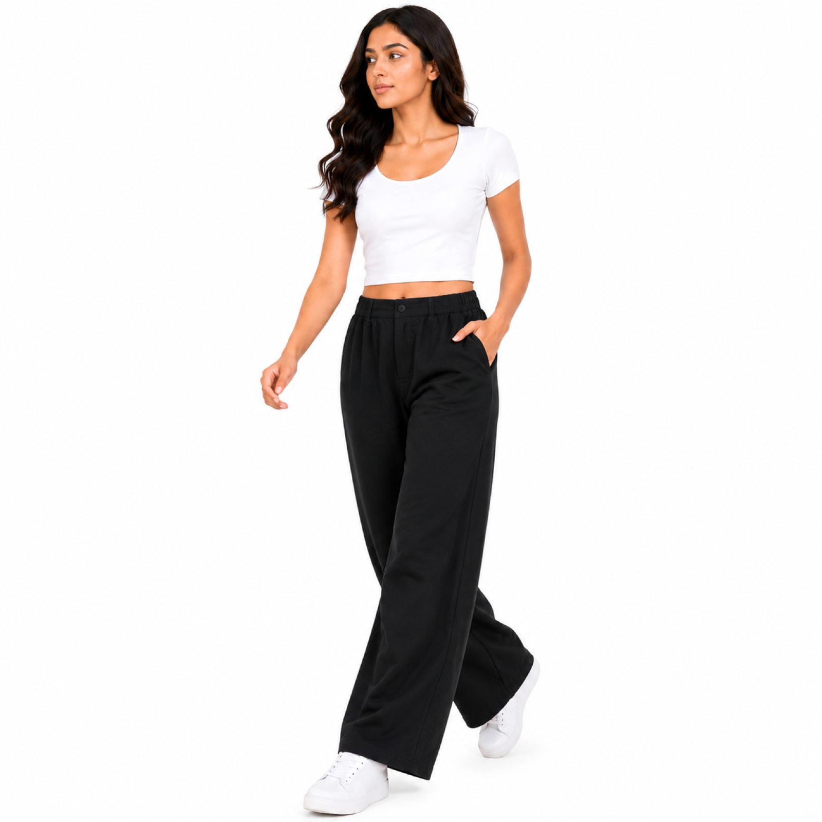 Women's Black High-Waist Wide Leg Casual Trousers-3
