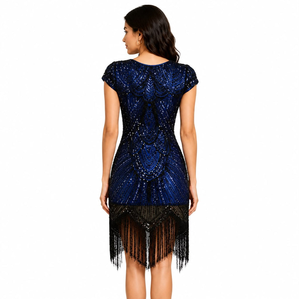 Women's Blue Embellished Fringe Party Dress with Art Deco Inspired Detailing-2