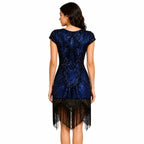 Women's Blue Embellished Fringe Party Dress with Art Deco Inspired Detailing-2