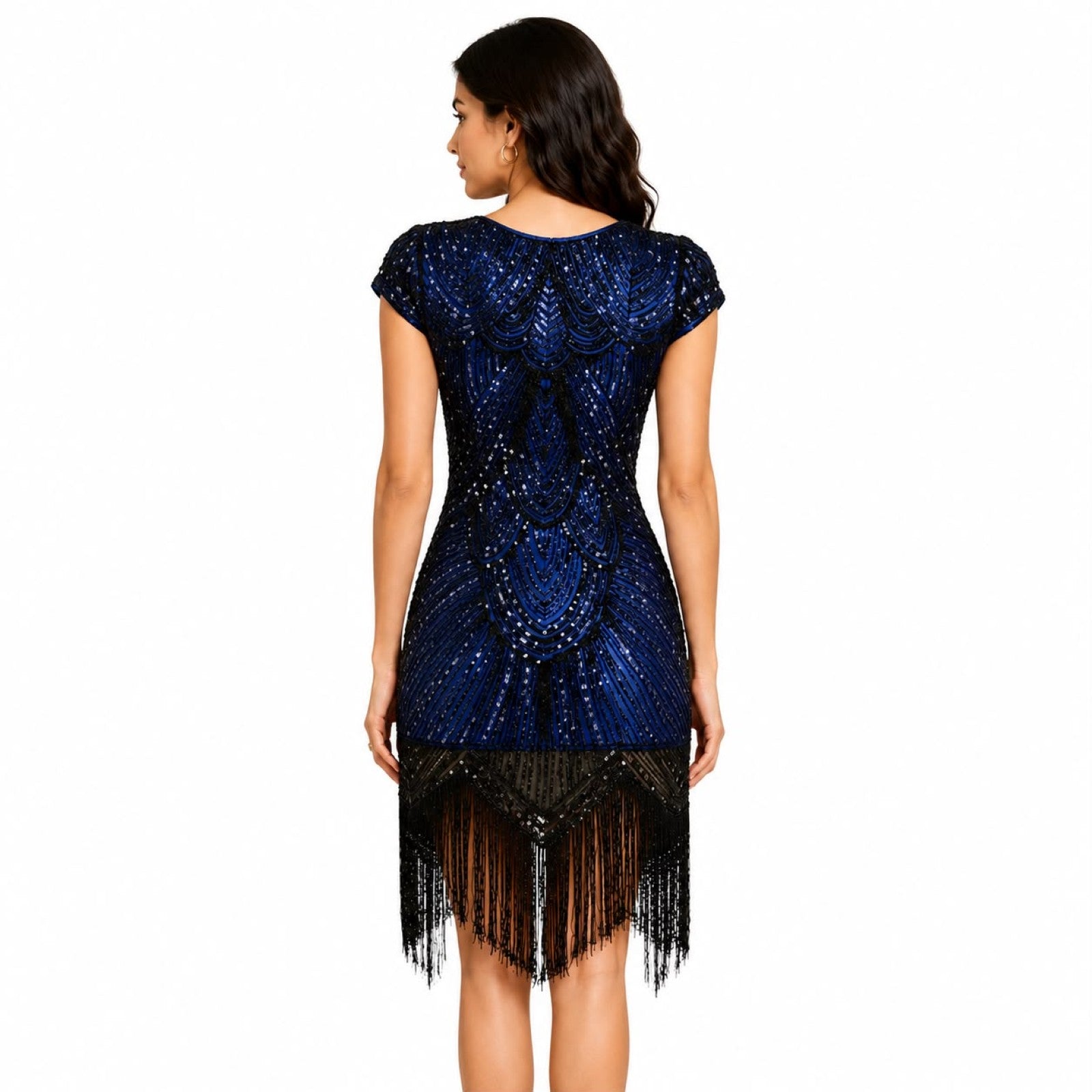Women's Blue Embellished Fringe Party Dress with Art Deco Inspired Detailing-2
