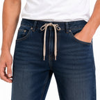 Men's Dark Blue Drawcord Waist Slim Fit Denim Jeans-2
