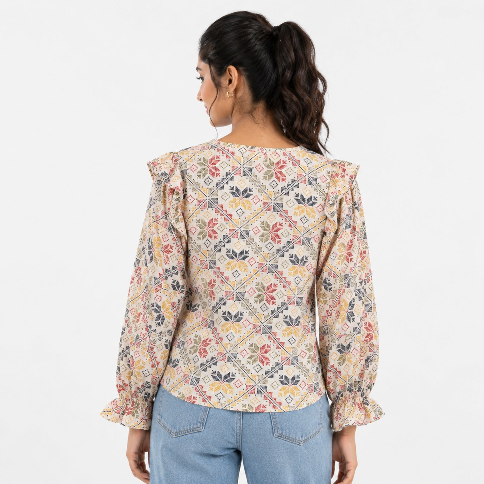 Women's Pastel Geometric Print Ruffle Sleeve Top-3