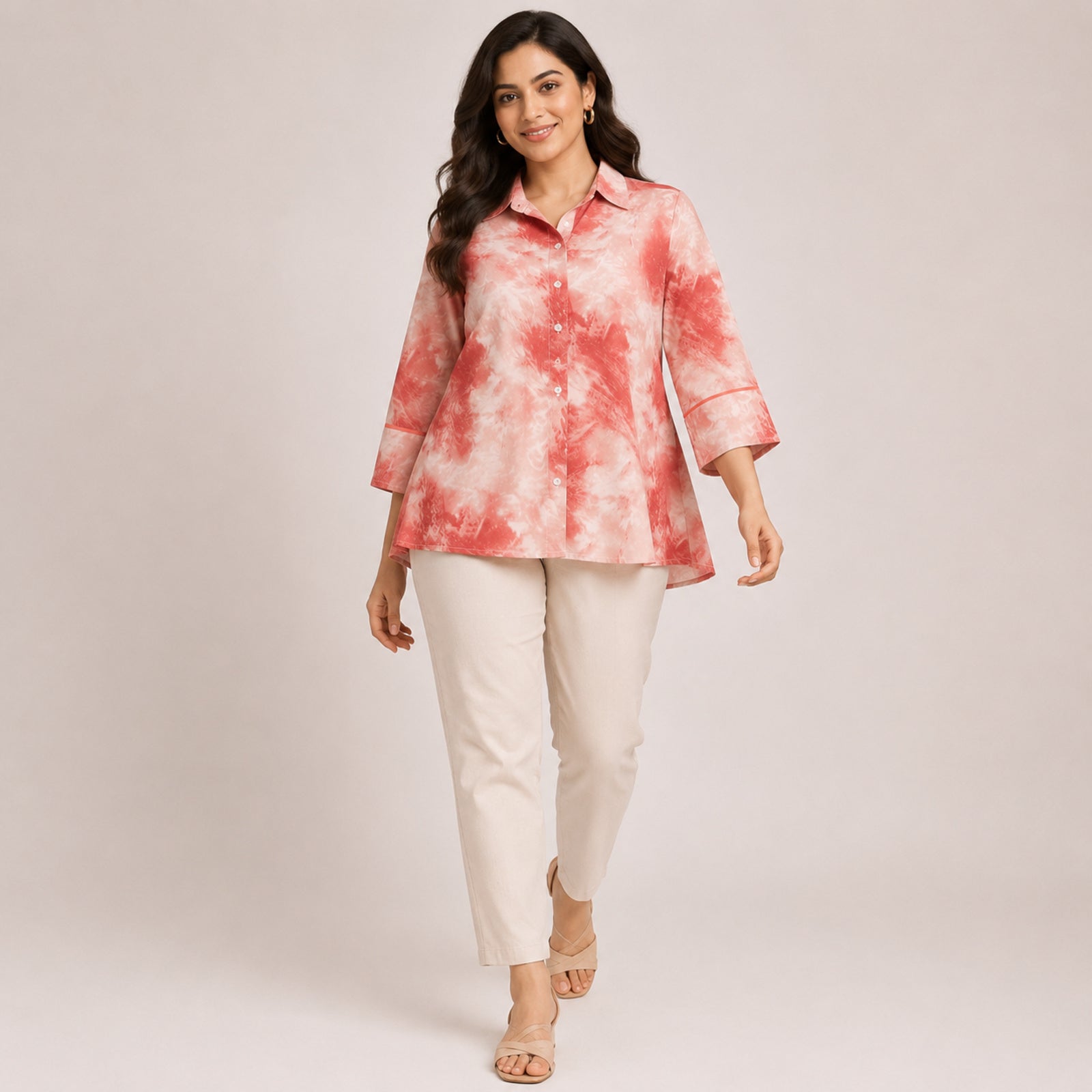 Women's Vibrant Peach Pink Tie-Dye Effect Button-Down Top-1
