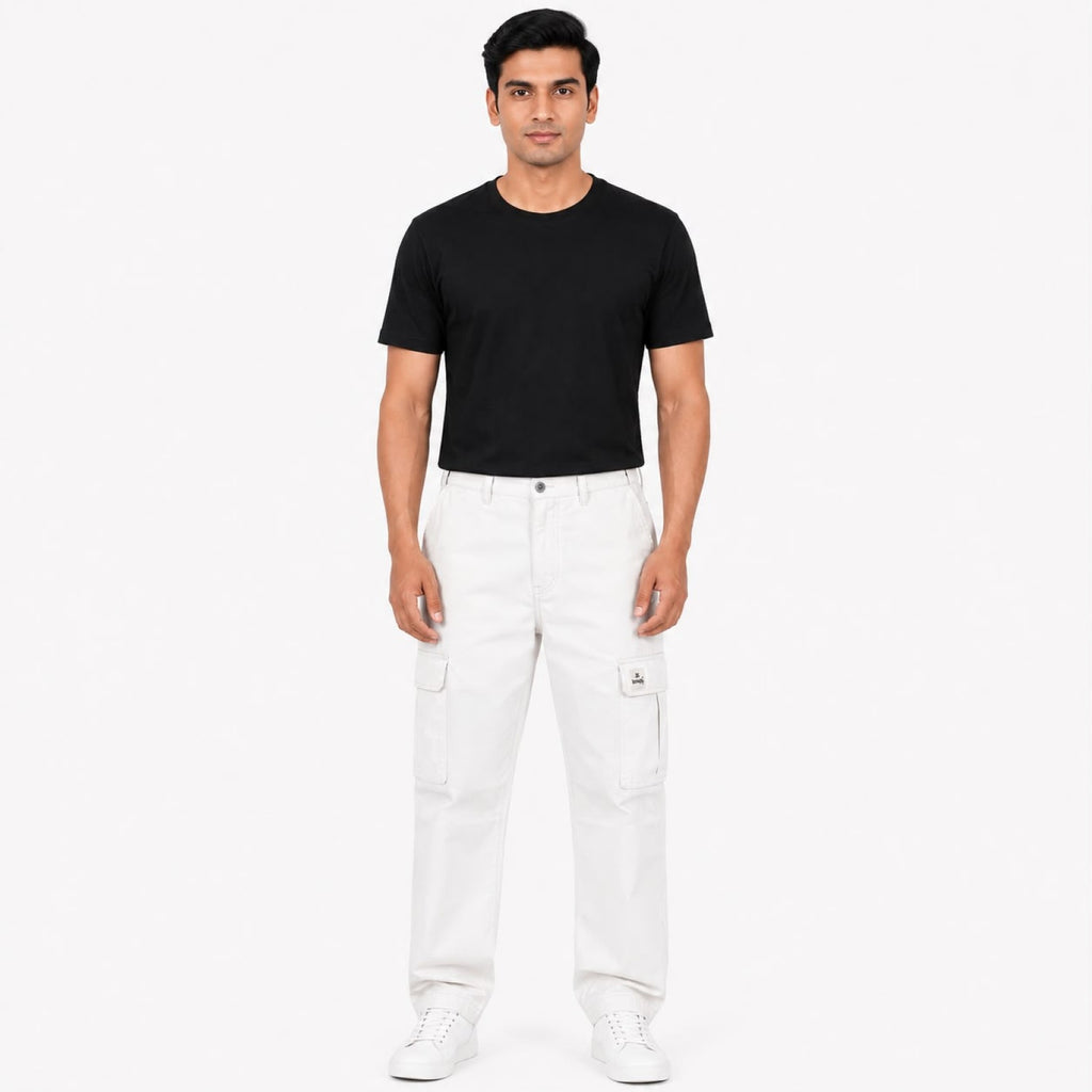 Men's White Utility Cargo Pants with Side Patch Pockets-1