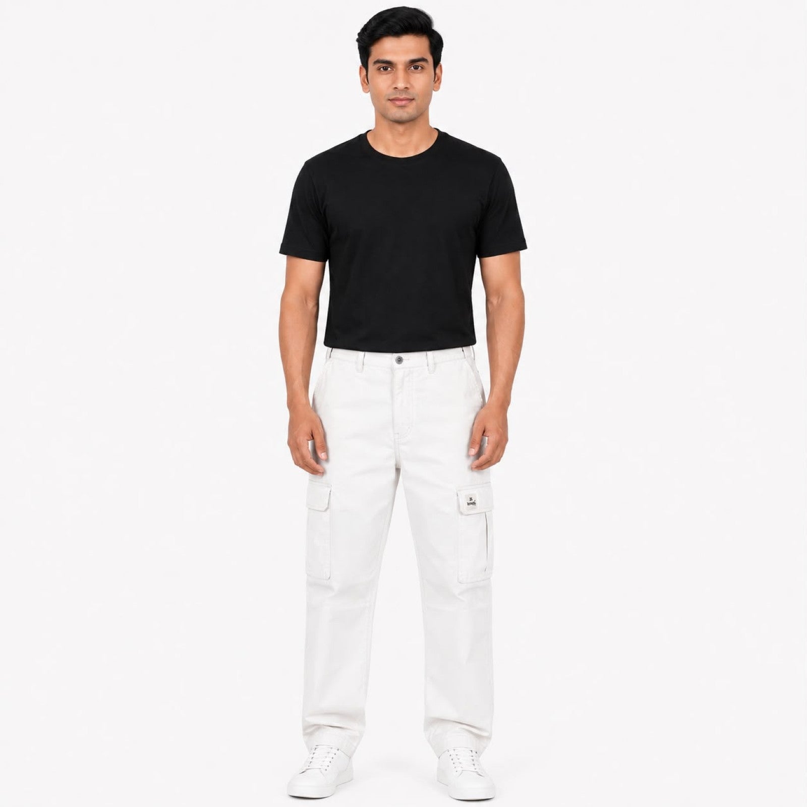 Men's White Utility Cargo Pants with Side Patch Pockets-1