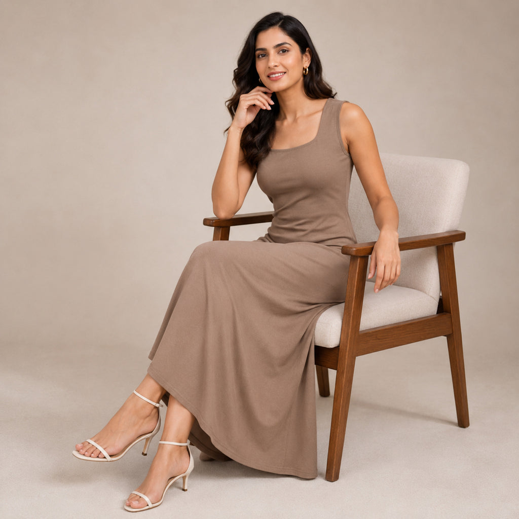 Women's Khaki Sleeveless Square Neck Maxi Dress-3