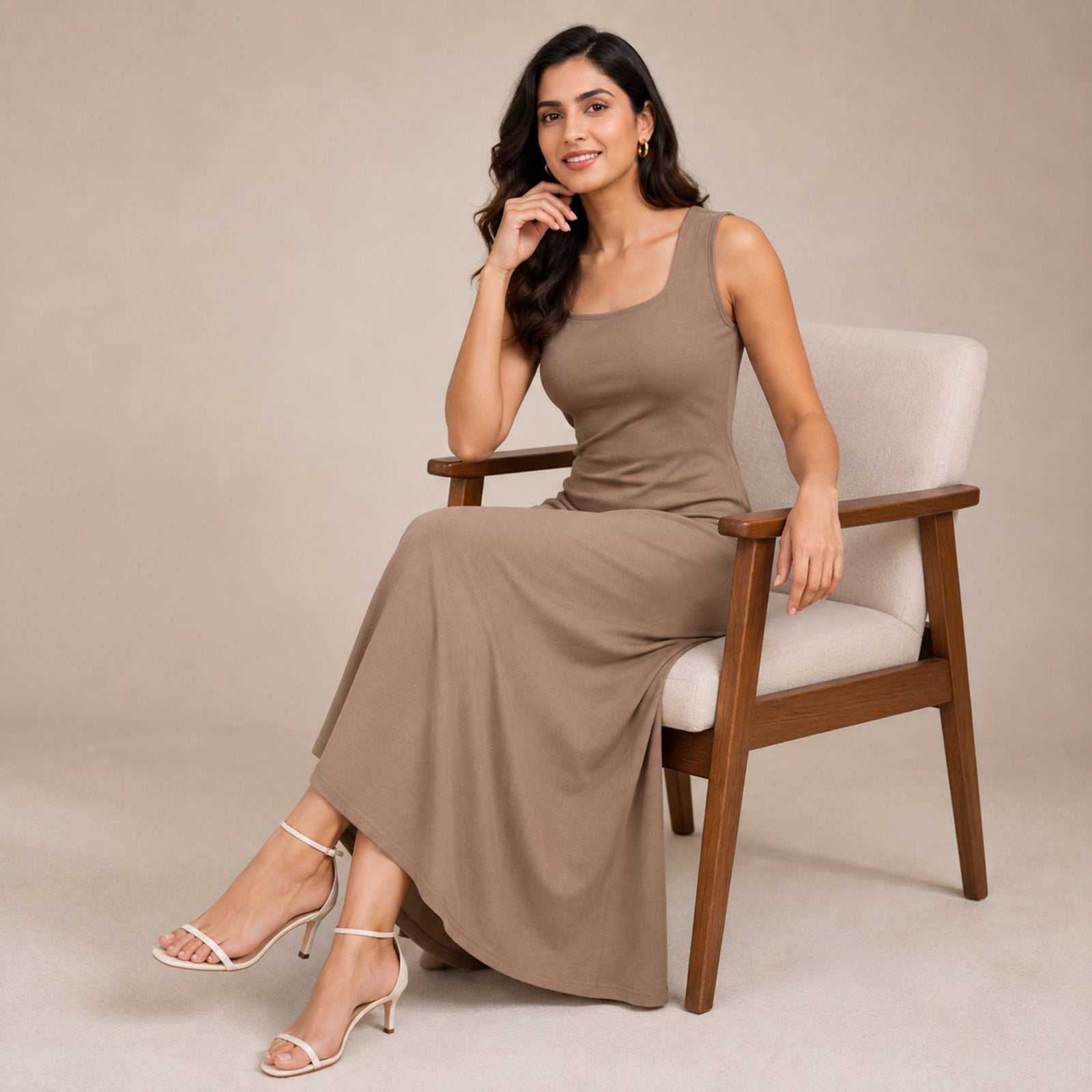 Women's Khaki Sleeveless Square Neck Maxi Dress-3
