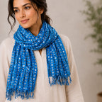 Women's Royal Blue Embroidered Tassel Scarf-4