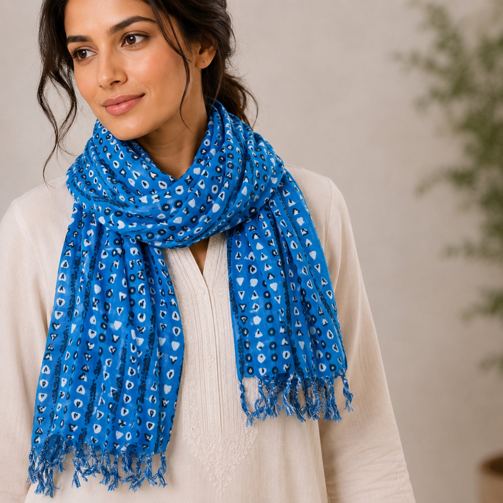 Women's Royal Blue Embroidered Tassel Scarf-4