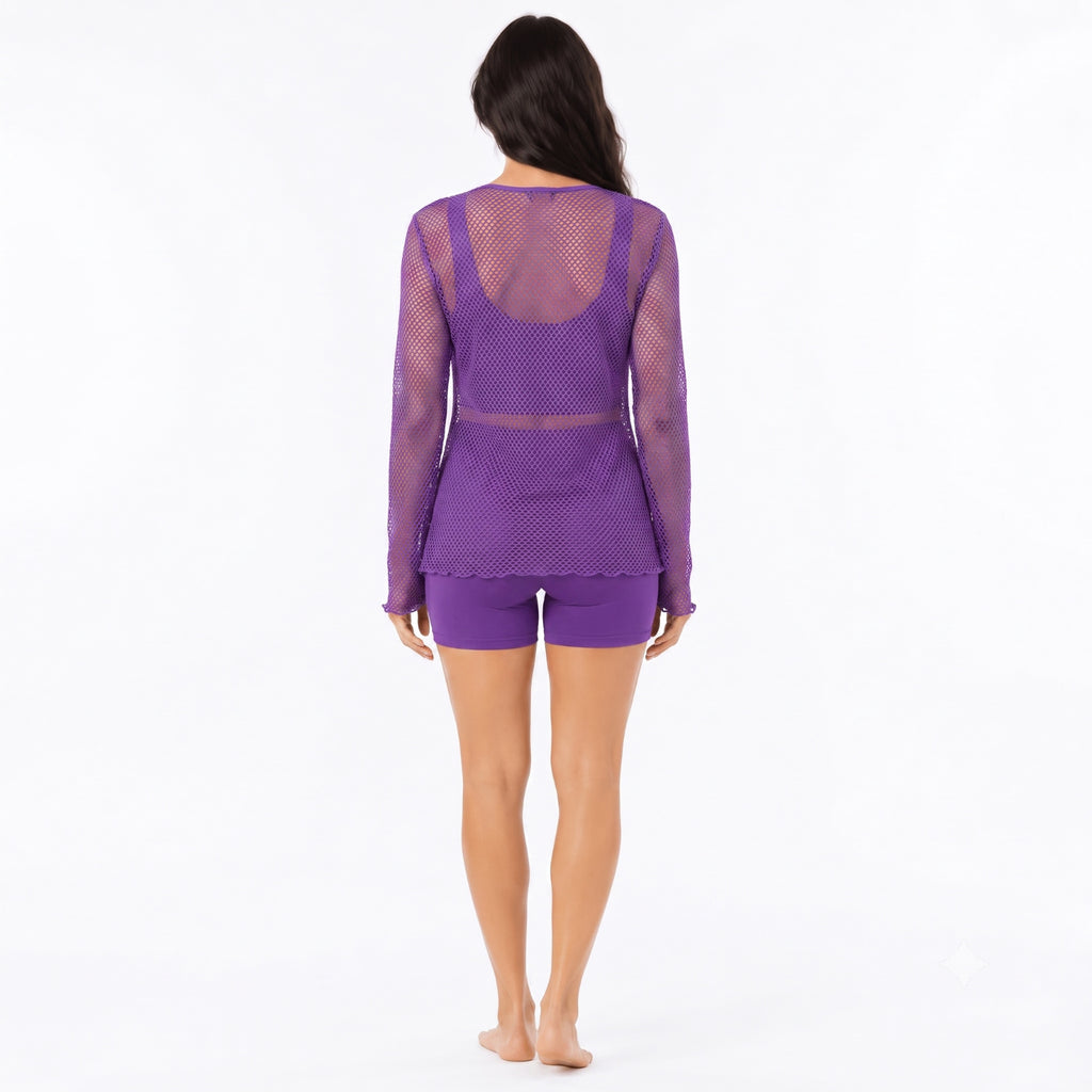 Women's Purple Sheer Open Front Shrug | Lightweight Mesh Layering Cardigan-4