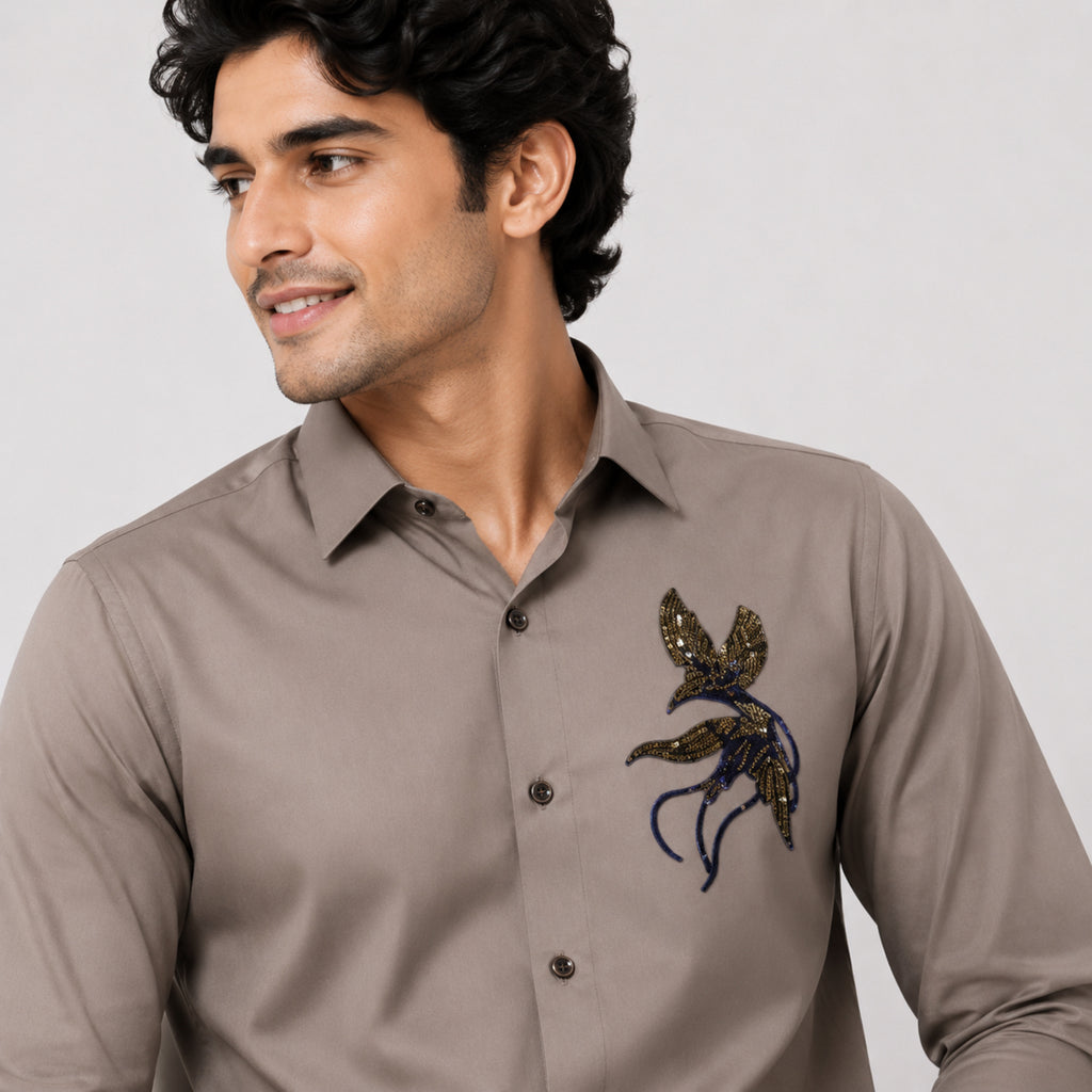 Men's Elegant Beige Embroidered Formal Shirt with Premium Artistic Motif-3