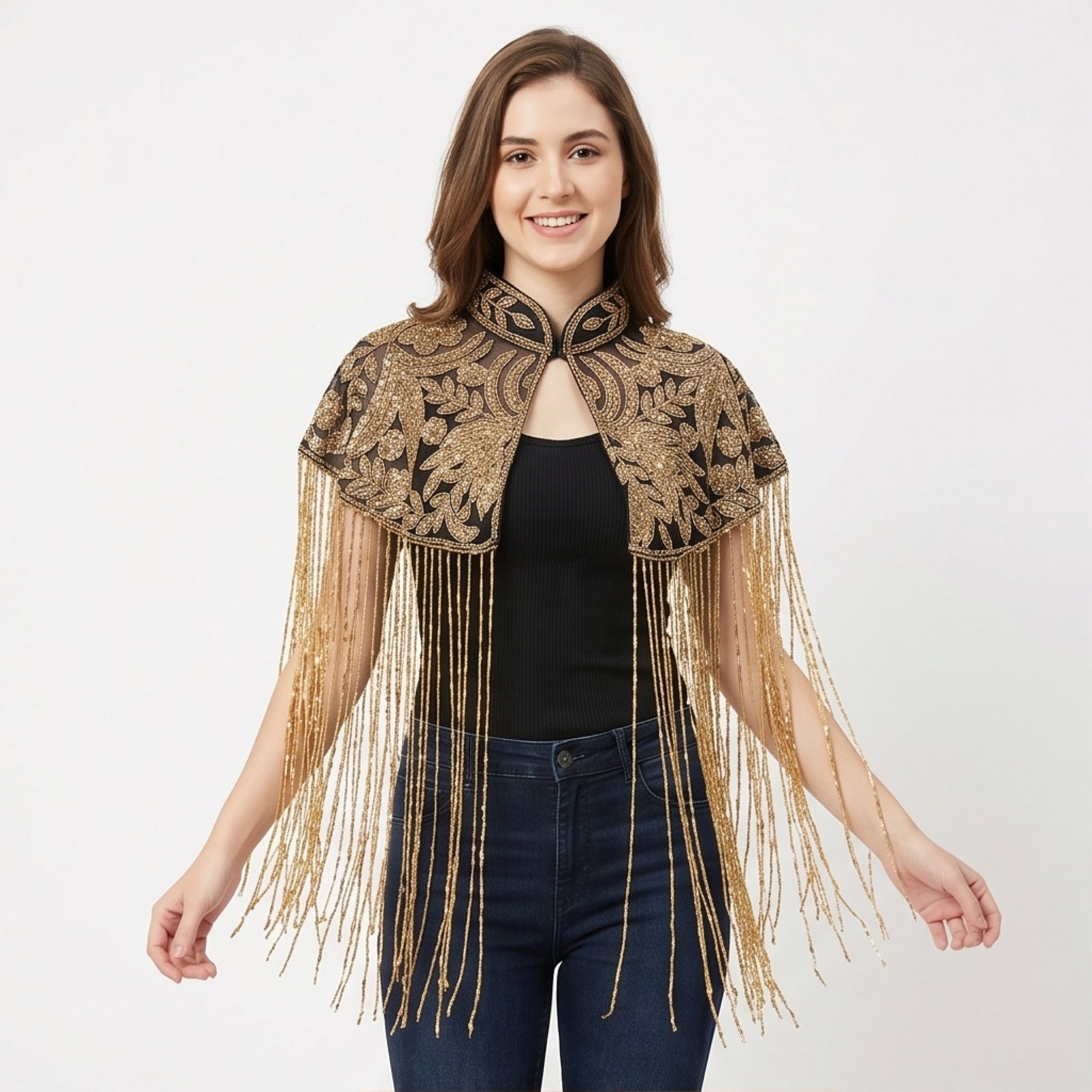Women's Elegant Hand-Embroidered Mandarin Collar Cape with Metallic Fringe Tassel-1