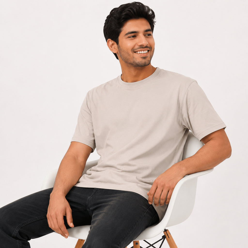 Men's Minimalist Beige Drop-Shoulder Oversized Casual T-Shirt-1