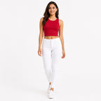 Women's Red Sleeveless Round Neck Crop Top | Solid Slim Fit Casual Tank Top-1